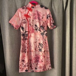 Petite pink satin split mini dress